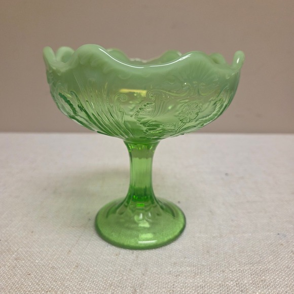 Northwood Other - Northwood Green Opalescent Glass Compote Ruffled Floral Candy Dish Pedestal Bowl